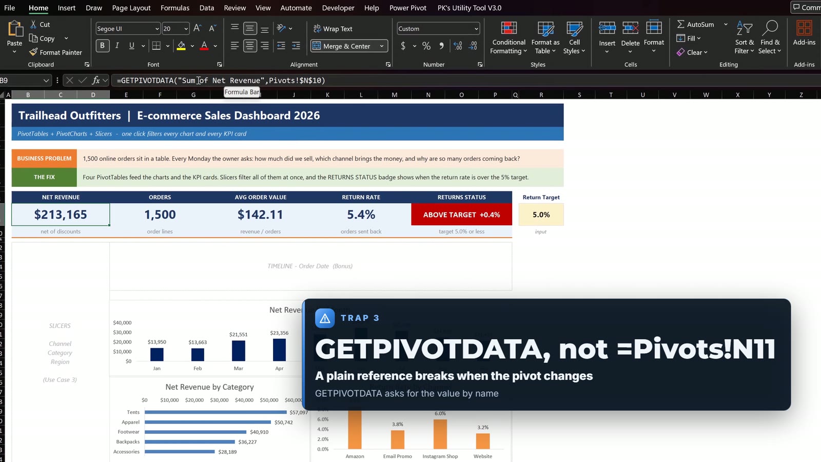 Trap: use GETPIVOTDATA, not a plain cell reference