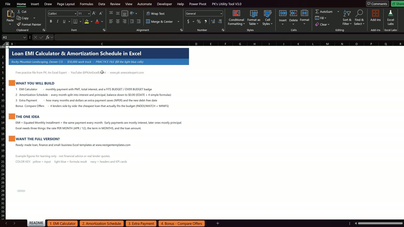 Excel loan calculator README sheet listing the use cases