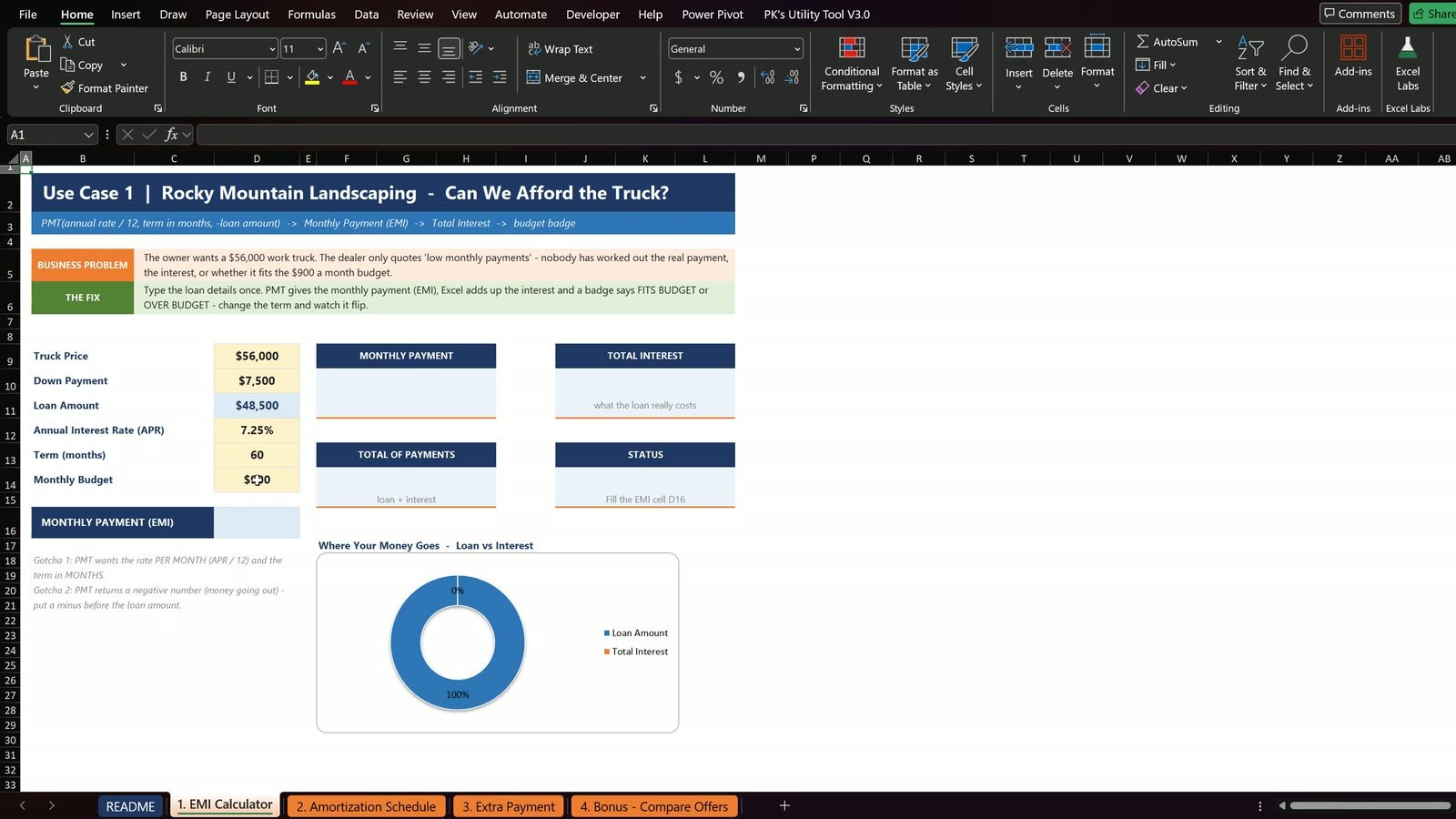 Excel loan inputs: truck price, down payment, loan amount, APR, term and monthly budget