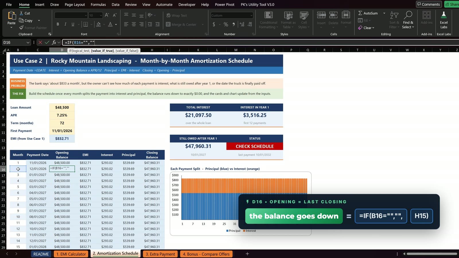 Opening balance formula in D16 equal to last month's closing balance