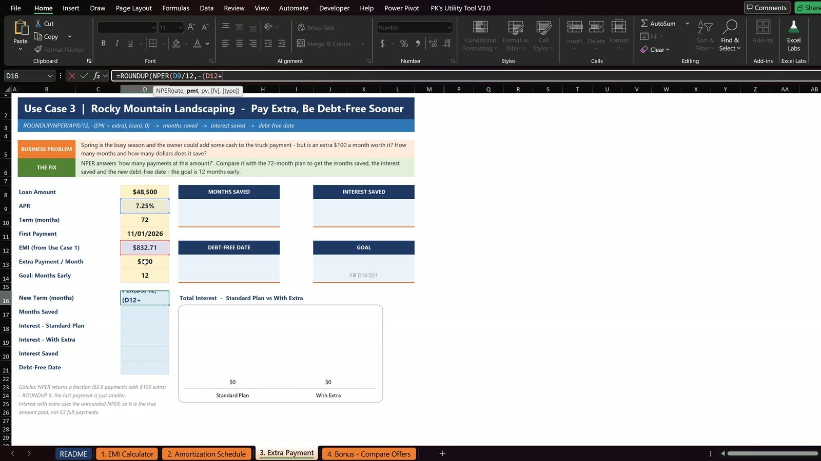 NPER and ROUNDUP formula for the new loan term with extra payments