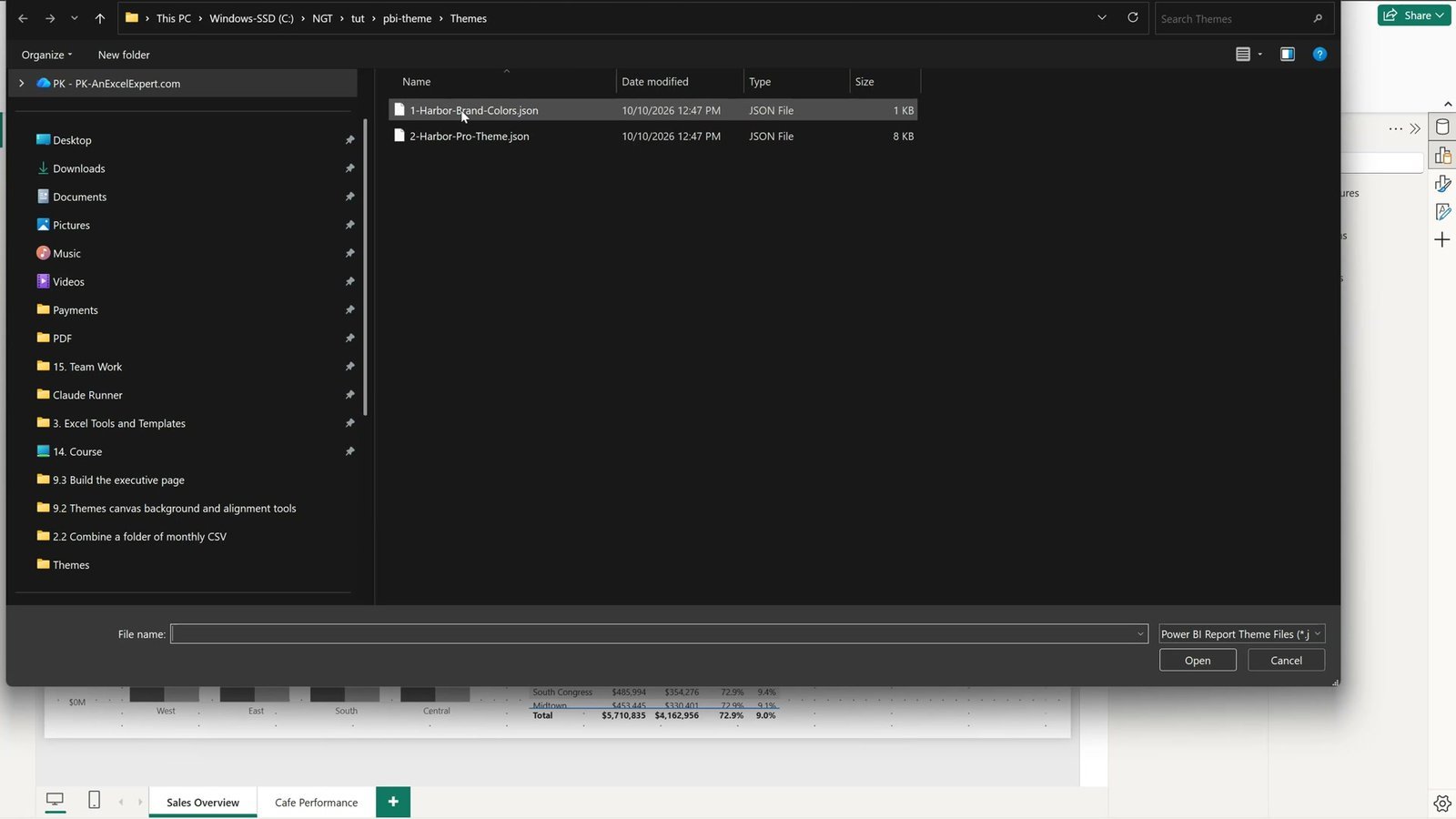 Selecting the theme JSON file to import in Power BI