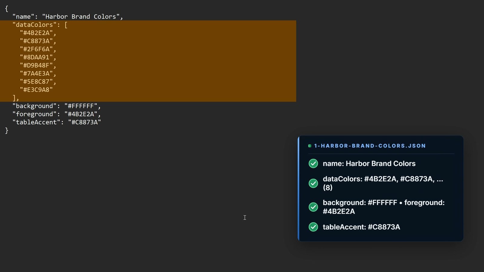 Power BI brand colors theme JSON file in Notepad