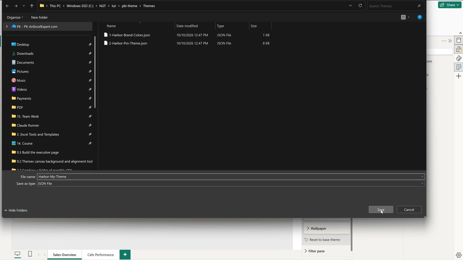Saving a Power BI theme with Download theme