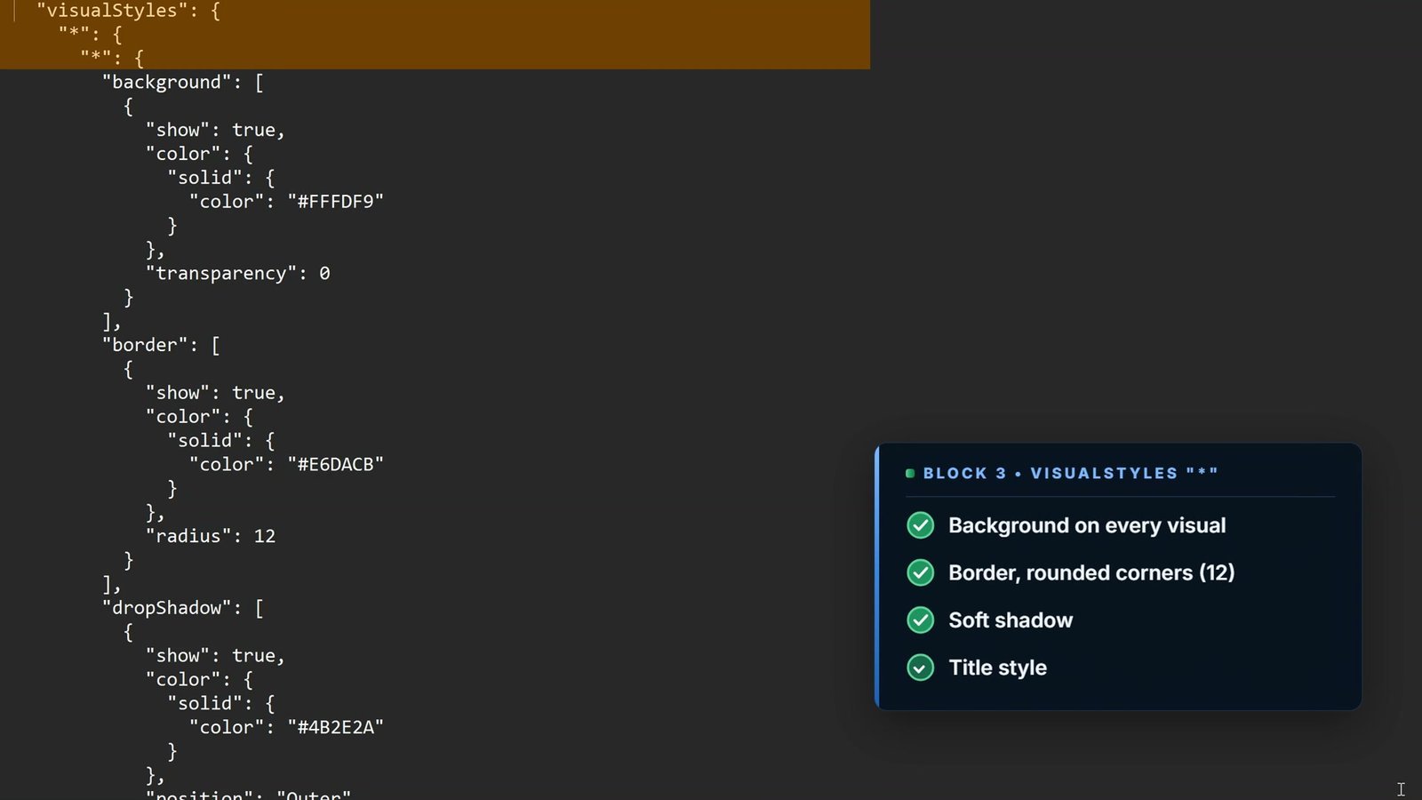 Power BI theme JSON visualStyles block with border radius and shadow