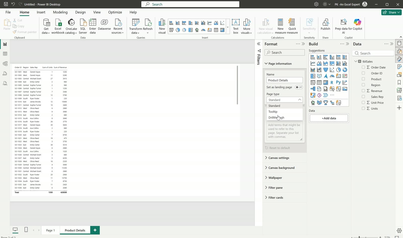 Power BI Format pane, Page information, Page type set to Drillthrough