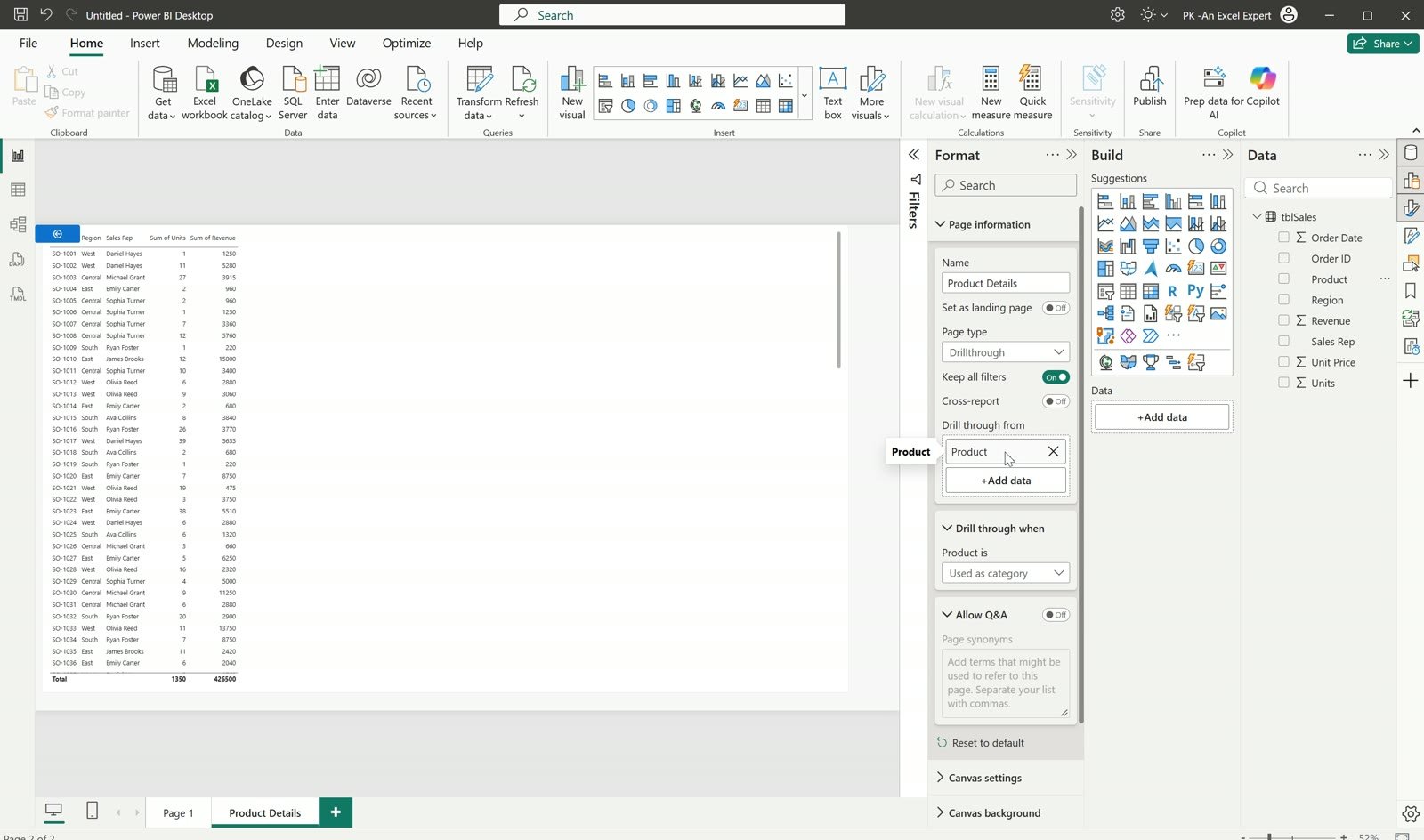 Product field added to the Drill through from well in Power BI with Keep all filters on