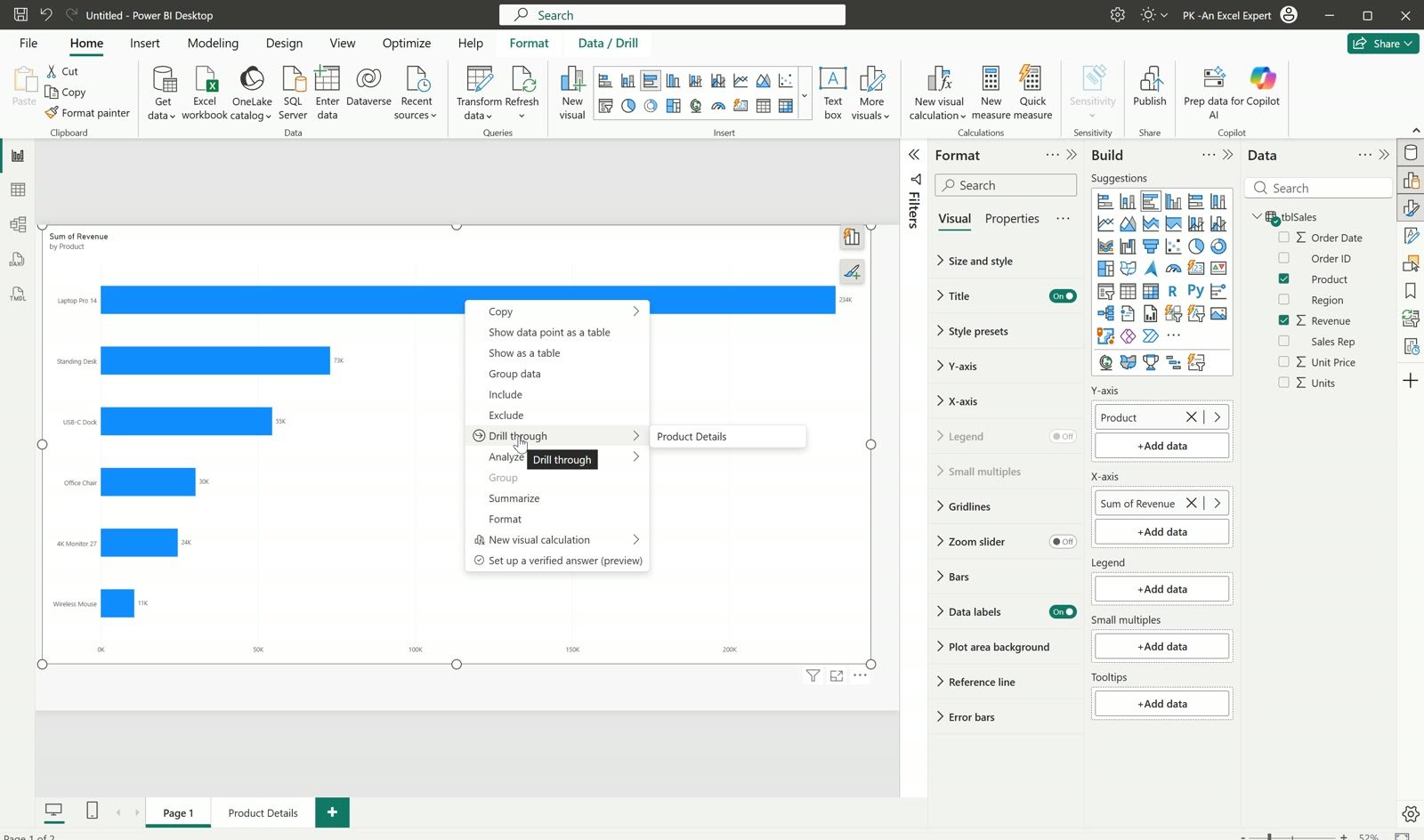 Right-click menu on the Laptop Pro 14 bar showing Drill through to Product Details