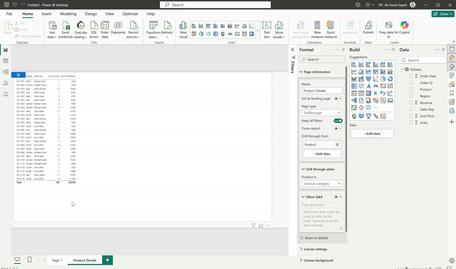 Power BI drill through result: 27 Laptop Pro 14 orders, total Units 187 and Revenue 233,750