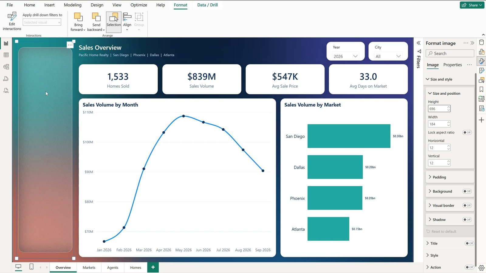 Frosted glass pane image placed on the left of a Power BI page