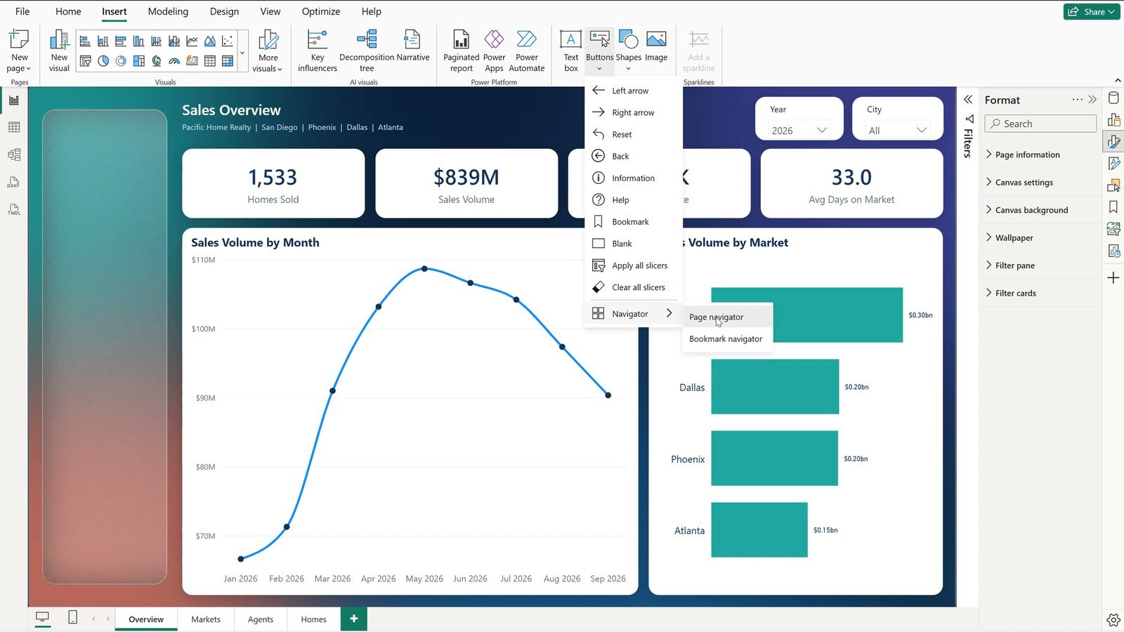 Insert Buttons Navigator Page navigator menu in Power BI Desktop