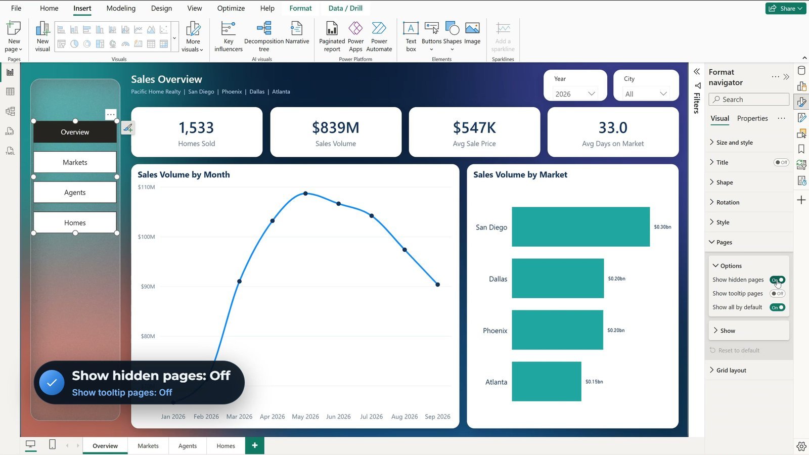 Vertical Power BI page navigator with show hidden pages off