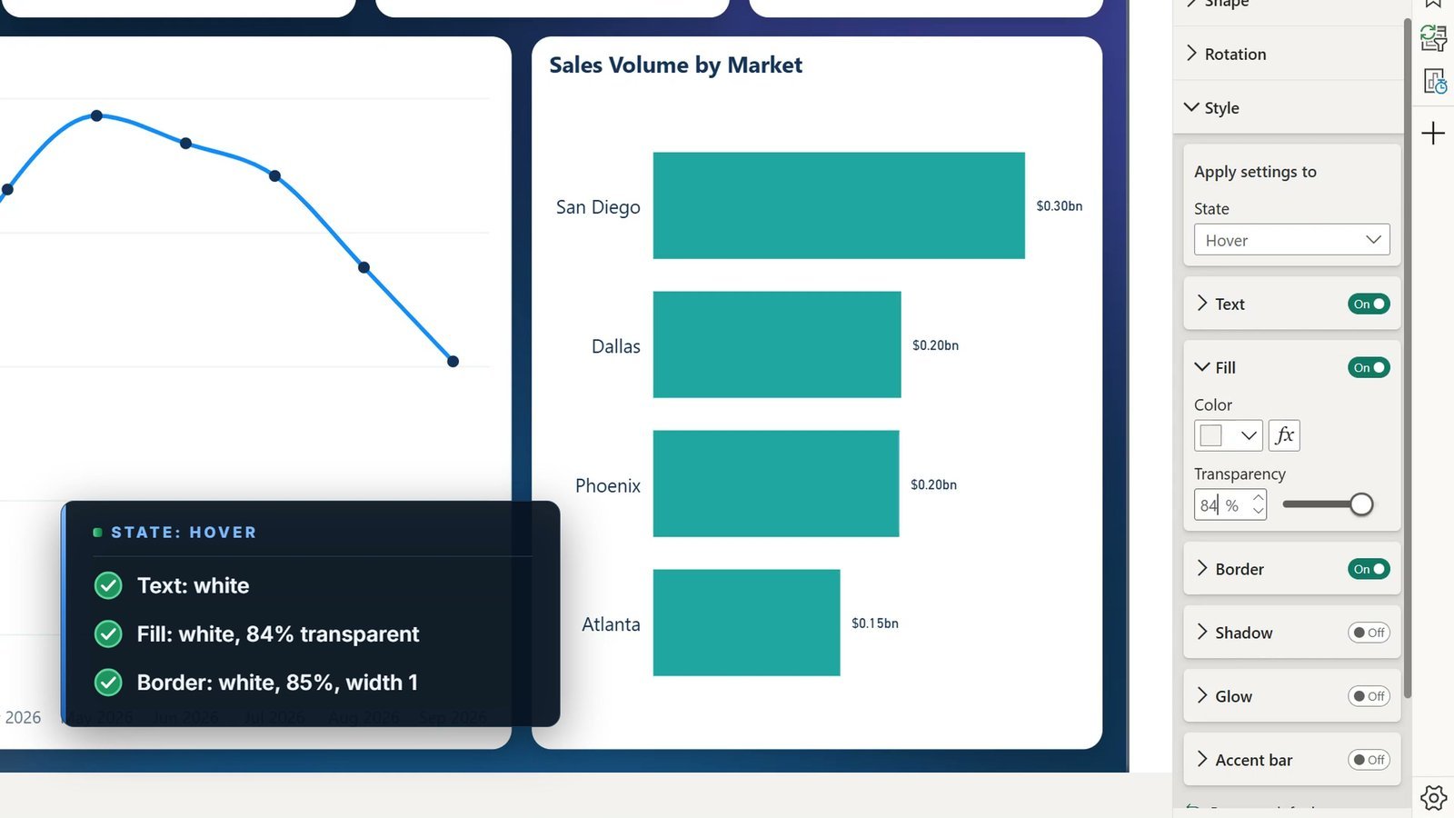 Hover state settings for a Power BI page navigator with 84 percent transparent fill