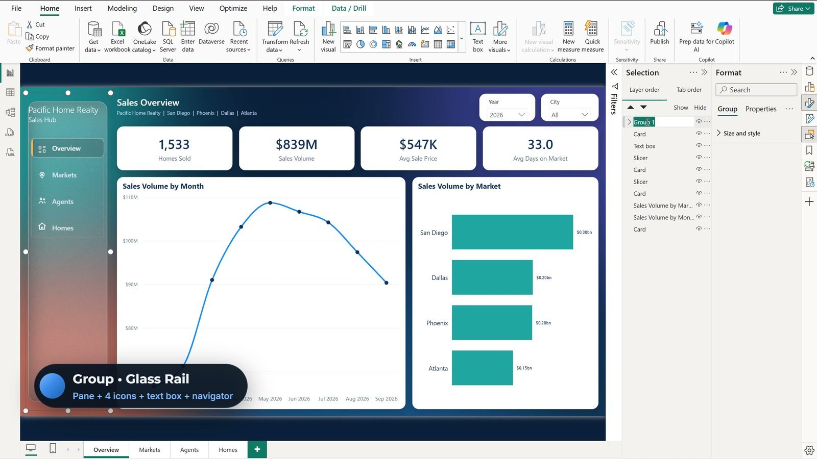 Selection pane group named Glass Rail in Power BI