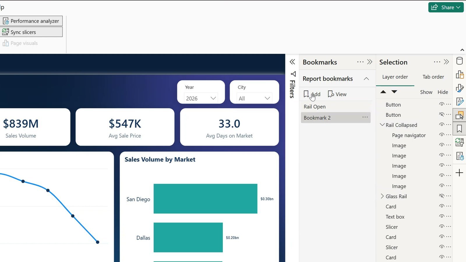 Bookmarks pane with Rail Open and Rail Closed bookmarks in Power BI