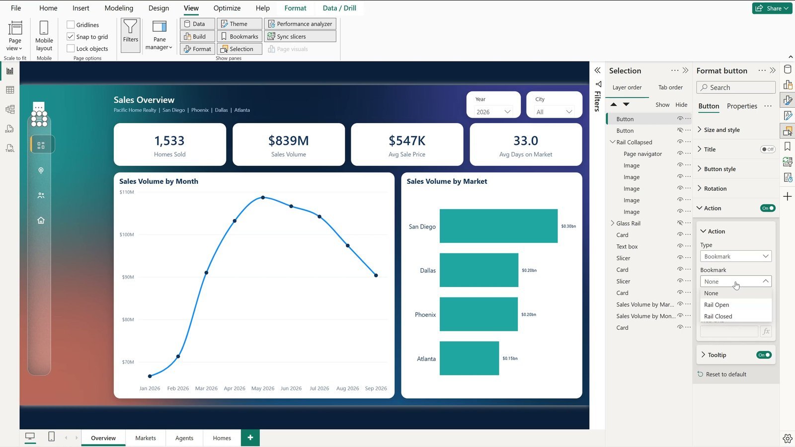 Button action set to bookmark in Power BI format pane