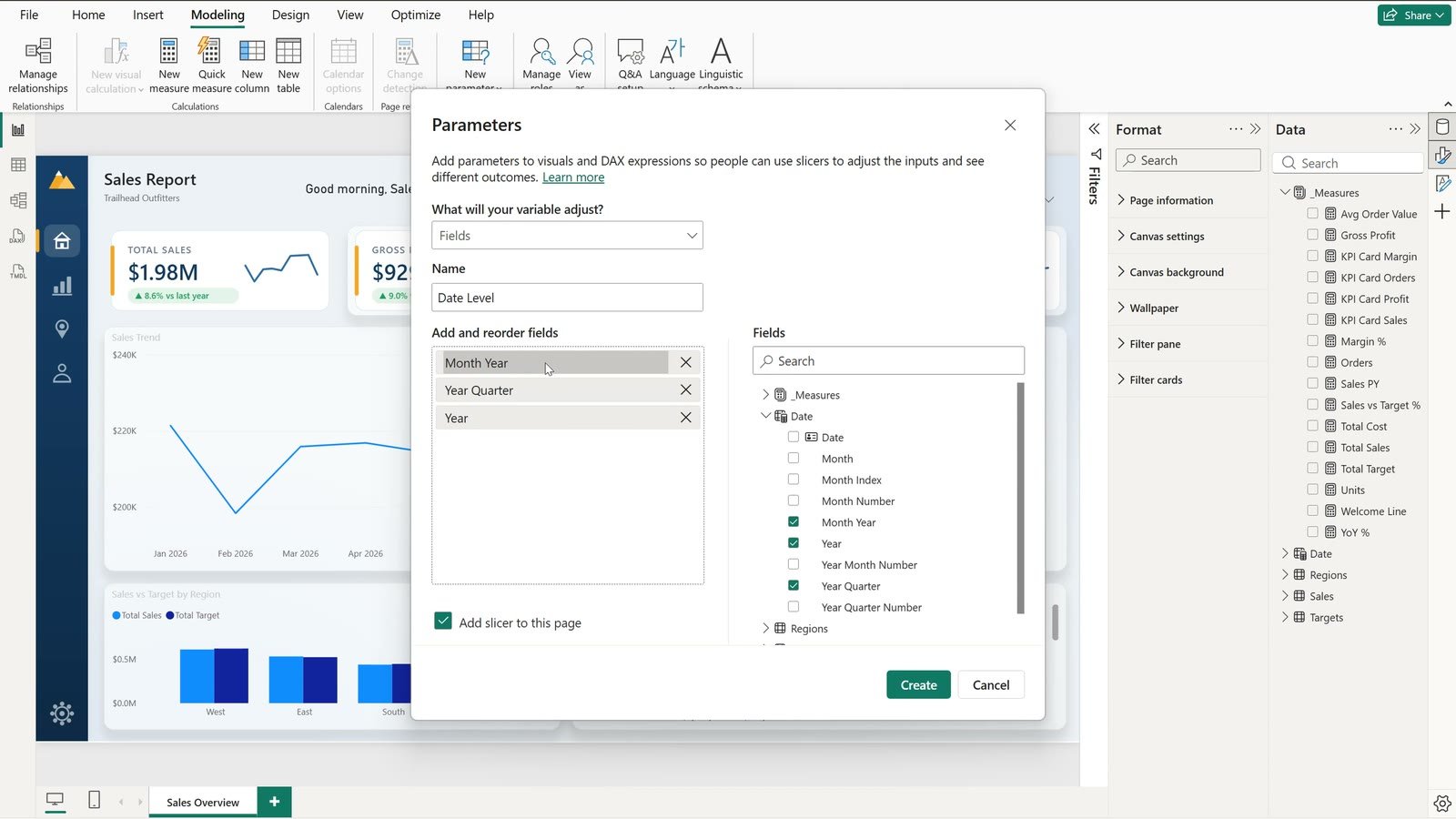 Power BI field parameter dialog with Month, Quarter and Year