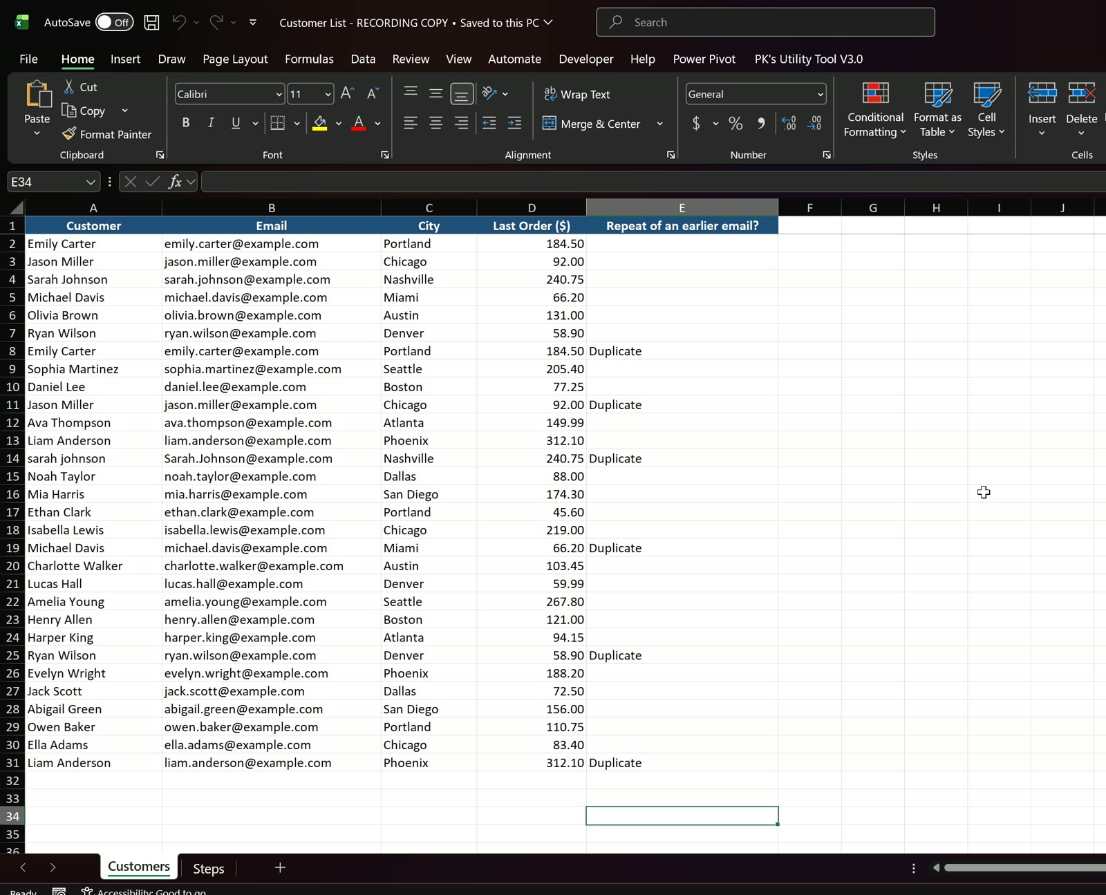 Excel customer list with a flag column marking six duplicate emails