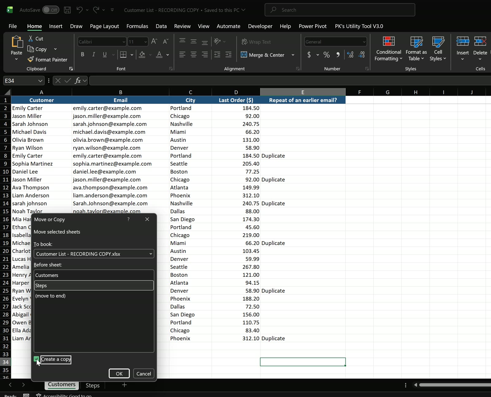 Excel Move or Copy dialog with Create a copy ticked