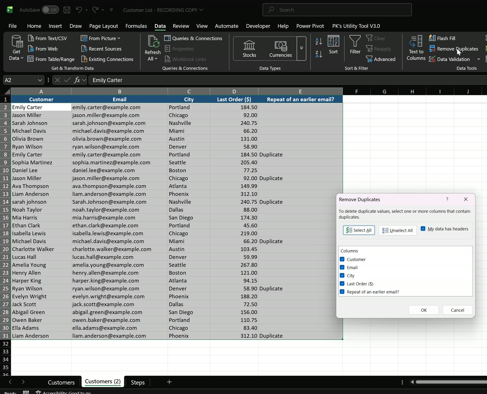 Remove Duplicates dialog in Excel with all columns ticked