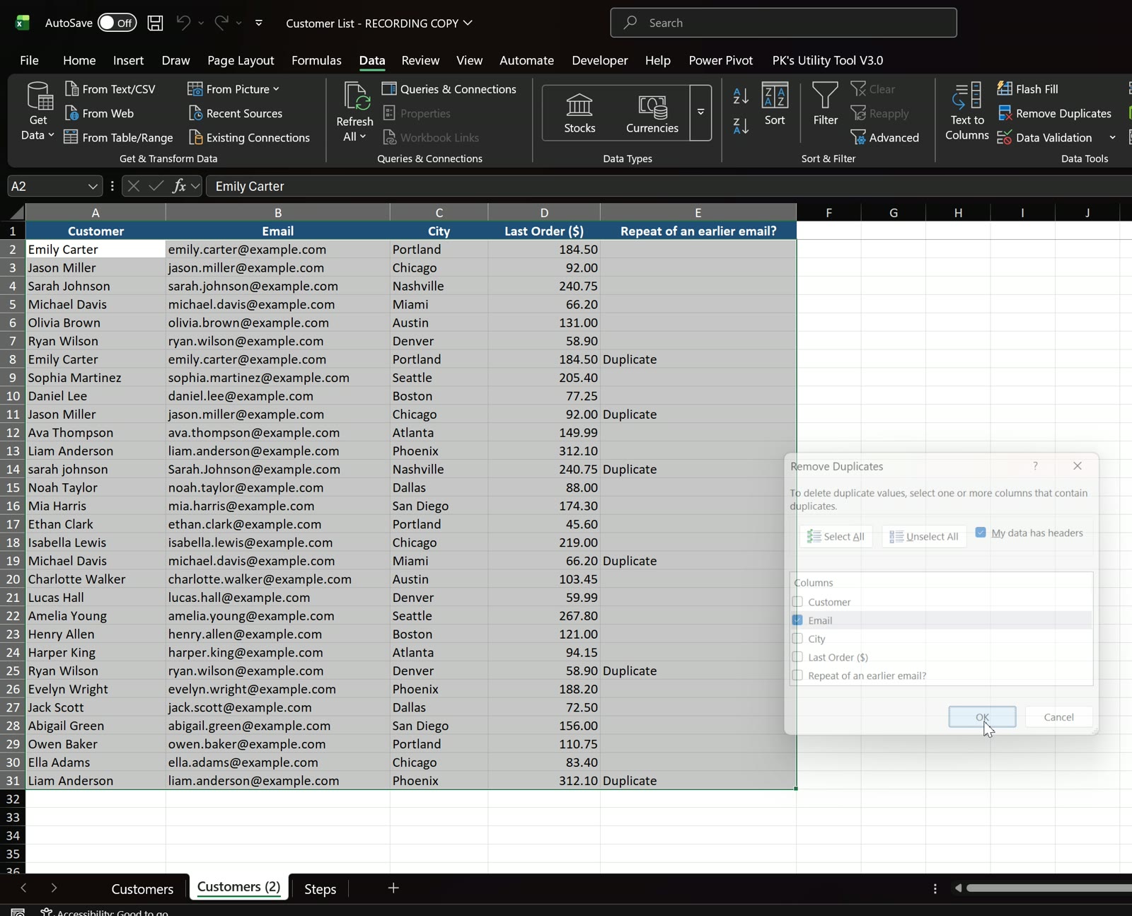 Remove Duplicates in Excel based on one column: only Email is ticked
