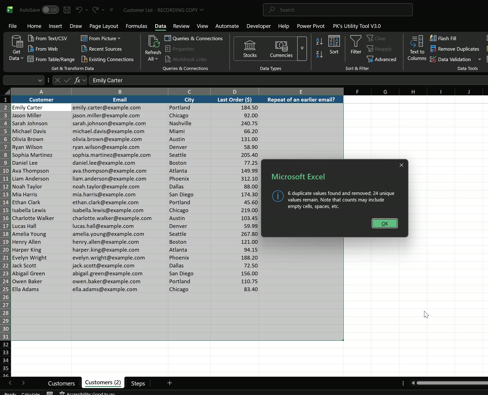 Excel message: 6 duplicate values found and removed, 24 unique values remain