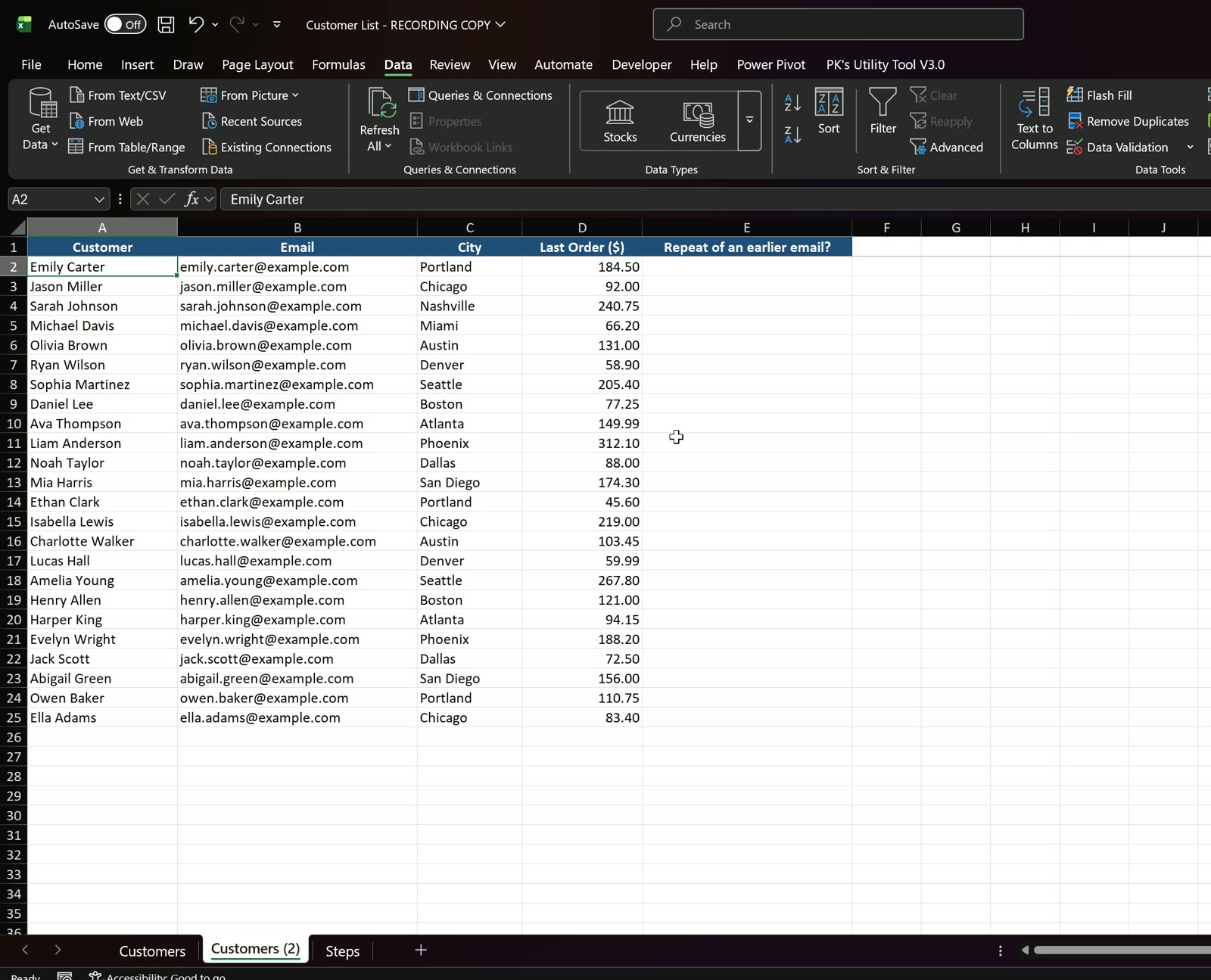 Clean Excel customer list with 24 unique customers after removing duplicates