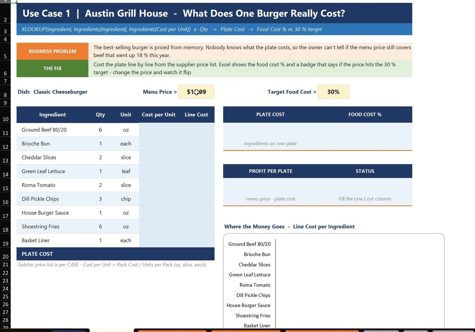 Plate cost sheet for the Classic Cheeseburger in Excel