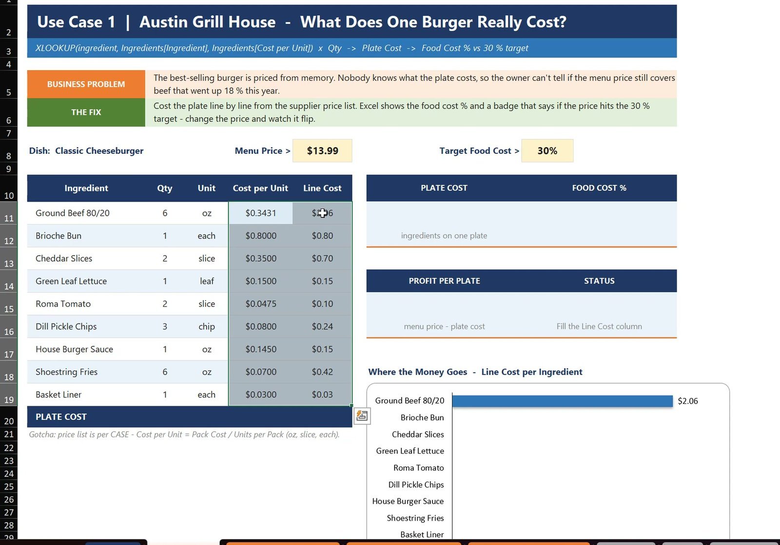 XLOOKUP returning the cost per unit for each ingredient