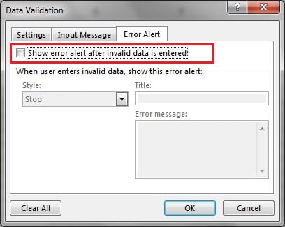 Error Alert tab of data validation window