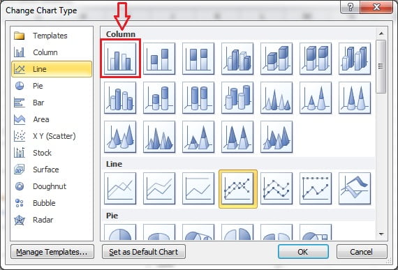 Change Chart Type window in Excel 2010