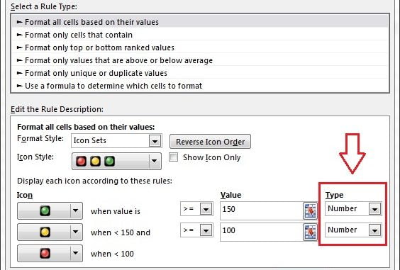 Icon Set Conditional formatting window