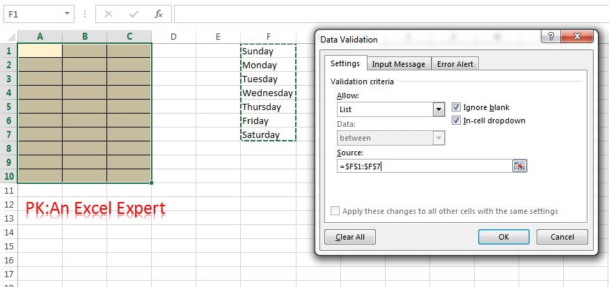 Drop down source from Excel Range