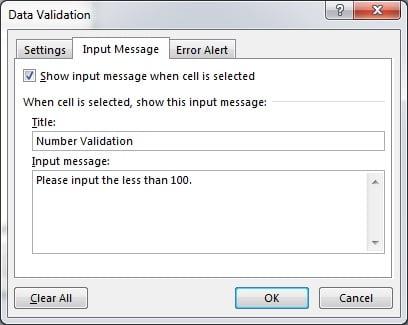 Input Message Tab in Data Validation