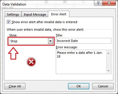 Error Alert Tab in Data Validation Window