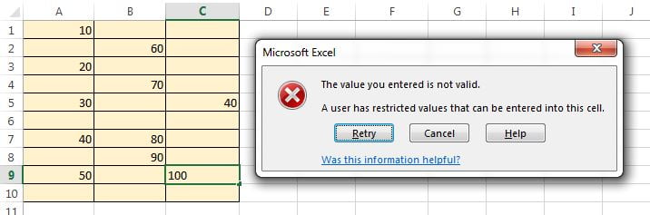 Invalid value entry error message