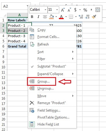 Group option in Right click list