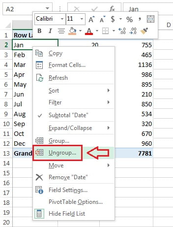 Ungroup the dates in pivot table