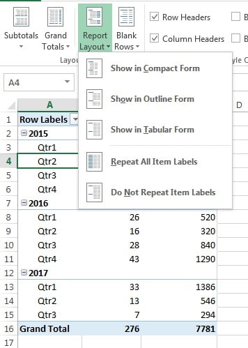 Report layout options