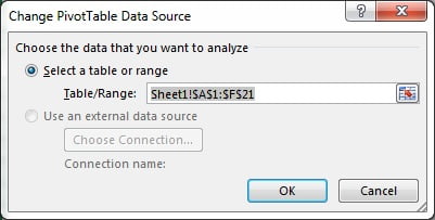 Change Pivot Table Data Source window 