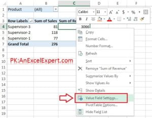 Value Field Setting in Pivot table