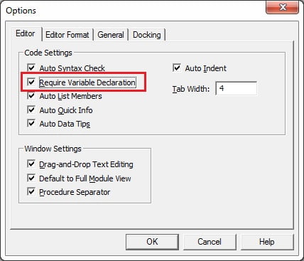 Options Window in Visual Basic Editor